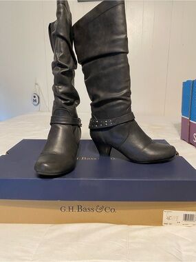 G.H. Bass & Co. Black Slouch Mid-Calf Studded Strap Boots